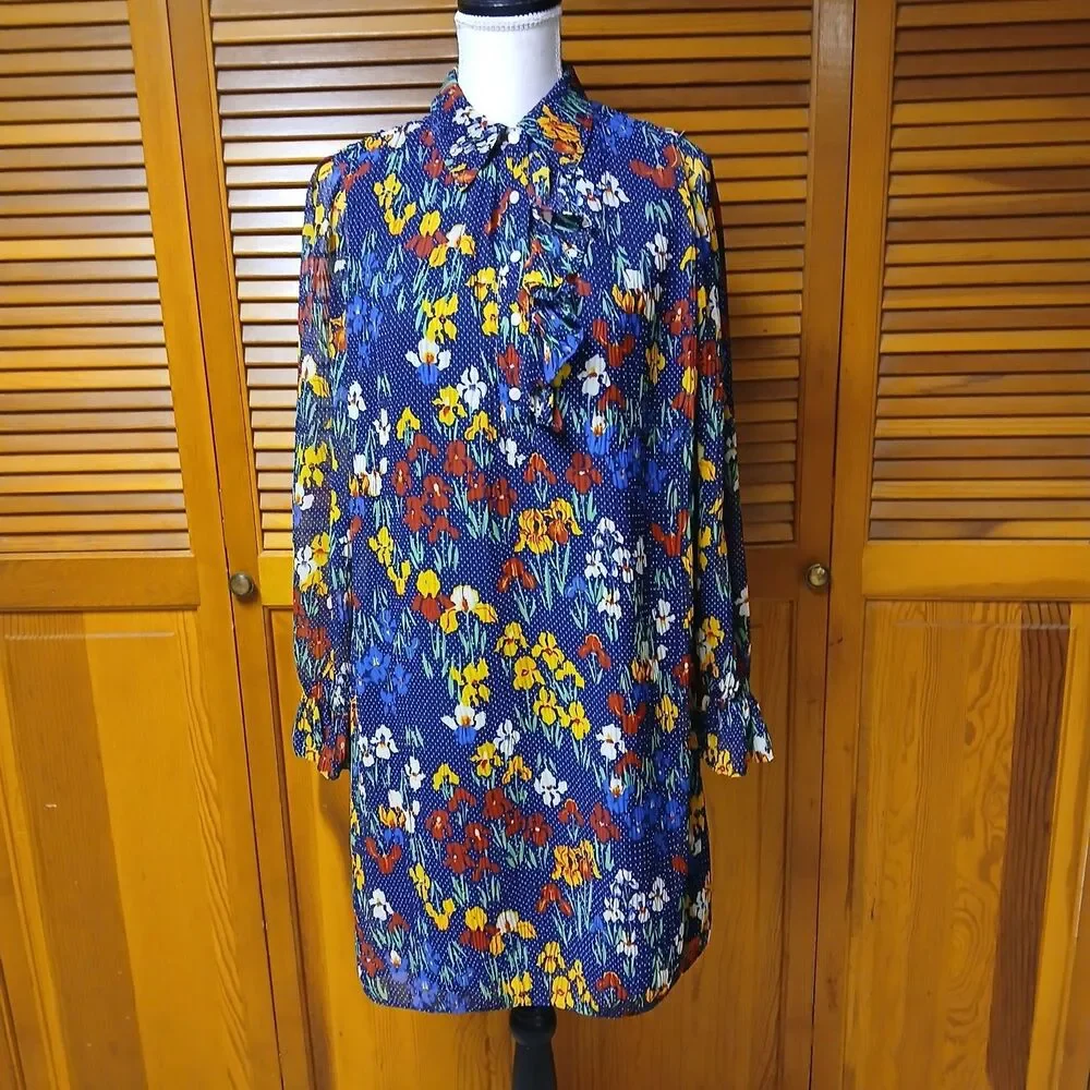 Tory Burch Multicolor Livia Iris Garden Shirtdress Blue Floral Ruffle Size 2